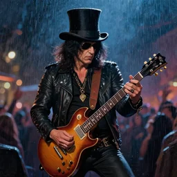 a painting of slash playing the guitar, rainy night, lights, particles, depth of field, raindrops, crowd, lights, top hat by greg rutkowski, featured on artstation
