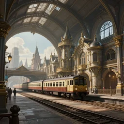 realistic digital painting of a steampunk train station, Victorian, futuristic