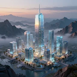 a small cyberpunk town completely made out of glass, surrounded by a surreal mountain landscape, shining faintly in the dim light of sunset, buildings made out of glass, light reflections, highly detailed and beautiful illustration
