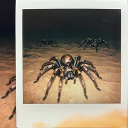 8 0 s polaroid flash photograph of biomechanical spiders, looking at the camera, in magical desert, dark atmosphere, by h. r. giger, zdzislaw beksinski, luis royo, todd mcfarlane. highly detailed 8 k intricate. soft light. nikon