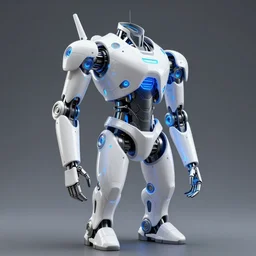 prototype of an exoskeleton, futuristic, blue glow, white finish, product shoot, studio lighting, badass