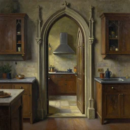an oil painting of a portal to the kitchen, neo - gothic, mood lighting, cinematic, macro shot