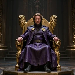 Cinematic distant view of subject on a throne, Christopher Walken as Emperor Shaddam IV, in Dune, wearing ornate Tyrian-purple regal leather uniform, with two golden-lion-pins on uniform, sitting on a golden throne with arm-rests shaped like lions, inside a darkly lit futuristic neo-Baroque hall, subdued colors, highly detailed, dark atmospheric lighting