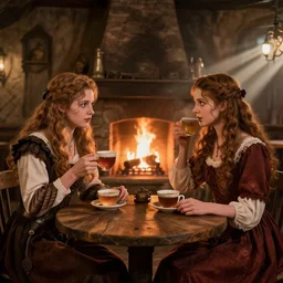Siegmeyer of Catarina having tea with Sieglinde of Catarina in a undead tavern, warm lighting, fireplace, godrays, DSLR photo