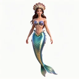 noble mermaid with shell crown, detailed 3d character render, full body, standing, isolated on a pure white background, centered, whole figure in frame, sharp focus, studio lighting