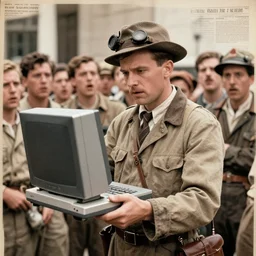 a newspaper photograph from the year 1942 or a time traveler appearing in front of a stunned crowd, the time traveler holds a computer
