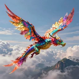 synapses. the flying dragon made of fantasy, very vibrant, holographic undertones, highly saturated colors, made of feathers mist and cloud, digital painting, hd, detailed.