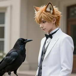Louis from Beastars wearing a white formal coat conversing with a crow, hyperrealistic, concept art, octane render, trending on DeviantArt, highly detailed, high quality, 8K, soft lighting, cute, natural lighting, anime face, trending on Artstation, e621, elegant clothes, profile picture, path traced, house background