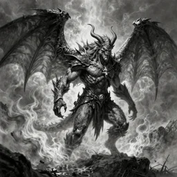 full body grayscale drawing by Anato Finnstark of wingless balrog in heroic pose, swirling flames