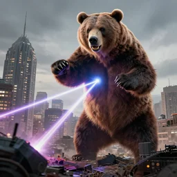 a giant angry bear releasing laser by the hands attacking the city, photomanipulation, photoshop, digital art