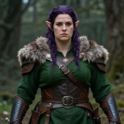 anya charlota as a medieval fantasy wood elf, dark purplish hair tucked behind ears, wearing a green tunic with a fur lined collar and brown leather armor, wide, muscular build, scar across nose, one black, scaled arm, cinematic, character art, digital art, forest background, realistic. 4 k