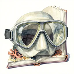 abandoned scuba visor cracked multifaceted fantastical storybook form,  toned down, depth, internal contours, gouache and ink watercolor of coral life nuanced shading stunning extravagant rocky sea floor glimmering thin details mixed media aged fresco,  photo of a painting
