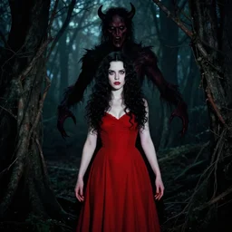 william blake, full body, pretty alyson hannigan, evil dead demon, evil dead movie, red dress, symmetrical eyes, symmetrical face, long curly black hair, trees, forest, branches, cinematic lighting, evil dead creature, scary, blood