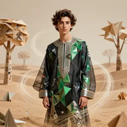 portrait of a young man resembling timothee chalame made out of ceramic and metal wearing a black tissue paper and green geometric thobe by marc jacobs, sparkling swirls of sand and glass in a desert athletic jock handsome, paper graffiti, trees made out of origami, ethereal, fantasy, lawrence alma tadema, james jean, oozium, peter morbacher, angelarium, alchemy, luxury, heavenly light, soft illumination, trending on artstation, cinematic lighting, very detailed, 3 d, octane render, artgerm