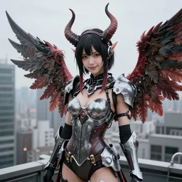 portrait futuristic Devil Girl with horns and wings and feathers and armor stuuing smile in future cyberpunk tokyo rooftop sci-fi fan