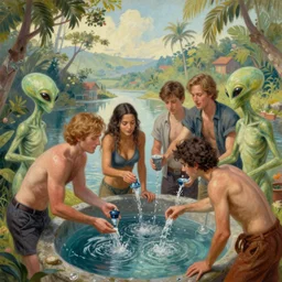 a group of people buy water from aliens, an ultrafine detailed painting by john philip falter, shutterstock, american scene painting, movie still, storybook illustration, poster art