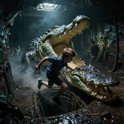incredible screenshot a boy running for his life in the sewer, chased by a big crocodile mouth, dark dungeon, underground, dank, wet, misty, dynamic camera angle, deep 3 point perspective, fish eye, dynamic scene, by phil hale, ashley wood, geoff darrow, james jean, 8k, hd, high resolution print