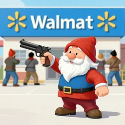 dangerous gnome with a gun robbing a walmart, he has taken hostages
