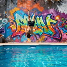 backflip into a pool caustics lighting impressive colorful masterpiece graffiti nvidia raytracing demo