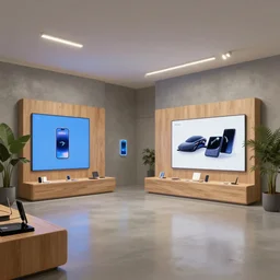 2 0 3 0 s flagship retail interior. experience. telco digital screens phones. wood, polished concrete, neon, ceiling spots. plants. samsung microsoft apple nike adidas tesla muted colors!!! ( ( ( ( ( ( digital painting by shaun tan and giorgio de chirico ) ) ) ) ) ) )