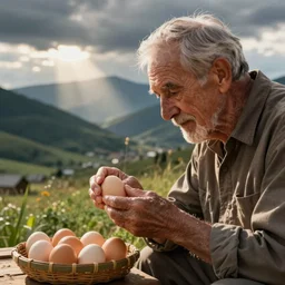 grandpa examining eggs.