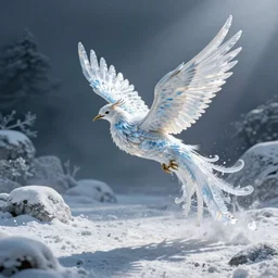 an ice phoenix flying over a snowy landscape