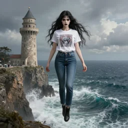 a hyperdetailed matte painting a goth princess floating in front of a tower, dressed in a contemporary t shirt and jeans from hot topic, overlooking cliffs and crashing waves in the background, highly detailed, deep focus, elegant, digital painting, sharp focus, ultra realistic, 8 k, art by greg rutkowski and rembrandt and alphonse mucha