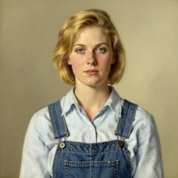 portrait study! of a woman!! in their 3 0 ’ s blond hair!!! button up shirt! overalls!!! by norman rockwell!!!