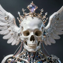 ai biomech, ethereal ultralight i robot skull with crown mechanism, quantum physics, angelic and unsettling, wires, veins, ferrofluid, bismuth, style blend of hideo kojima, shepard fairey, and botticelli, city backdrop is a blend of the vatican, neo - andean architecture and brutalism, 4 k photorealistic, ultra fine inklines