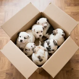 an open cardboard box on a wooden floor filled with puppies, top view, dslr photo