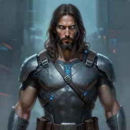 « a portrait of a muscular cyberpunk male warrior, jesus, glowing eyes, a digital painting by charlie bowater, featured on cgsociety, fantasy art, behance hd, wiccan, artstation hd »