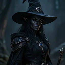 a female dark elf, jet black skin, serious face, wearing a witch hat, hunter, medieval, style by donato giancola, wayne reynolds, jeff easley dramatic light, high detail, cinematic lighting, artstation, dungeons and dragons
