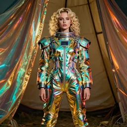 vertical photo of polish female in chromatic futuristic space suit, blonde, curly hair, symmetrical beautiful face, cyberpunk, native costume, standing in the primitive tent, prismatic neon, fashion editorial photography, hyperrealistic, from vogue magazine, reflections, refraction, gold, teal, orange