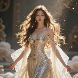 a beautiful female goddess of the lights character, character is in all its glory, character is in her natural relaxed pose, rim lights, particles and dust in the air, fancy clouds, highly detailed professional photo, dynamic lights, particles are flying, depth of field, trending on artstation, professional illustration, hyper realistic, vray caustics, super detailed, colorful accents, cinematic shot