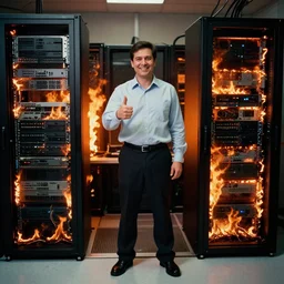 a photo of a smiling system administrator doing a thumb up to the camera in front of burning servers in flames in the background, 35mm, full body shot, press photo