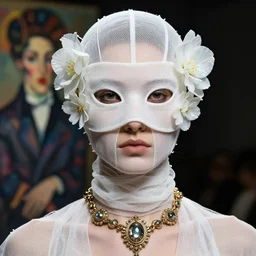 a futuristic portrait covered by mask made of wires and white gauzes and plastic flowers, necklace made by gauzes twisted around neck, design by leonardo davinci, inspired by egon schiele, balenciaga, modern art, baroque art jewelry, new classic, fashion design, photorealistic, hyper realistic, cinematic composition, cinematic lighting, fashion design, concept art, 8 k