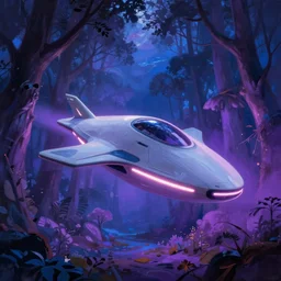matte painting Zaha Hadid style glowing spaceship in clearing in dreamy fantasy Forest at night. Forest is lit by purple and blue ombre glow. Ufo. Digital painting. Beeple. Noah Bradley. Cyril Roland trending on artstation.