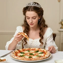 a historical photo of young beautiful queen margherita of italy, sitting at a long table eating a pizza margherita together with a young and beautiful sophia loren, the pizza has a large cornicione, smooth lighting, masterpiece, timeless, genious composition