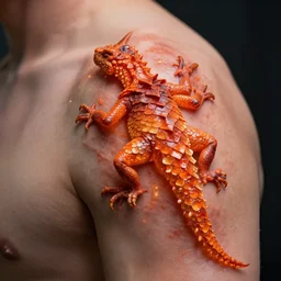 Close-up of person afflicted with orange dragonscale disease on skin, on the verge of exploding, digital art, surreal, 4K, HD