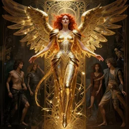 ascending dark full body redhead goddess angel, lupe fuentes, intricate armor, highly detailed, glowing, action pose, cinematic, art deco, gold filigree, ethereal, alfonso mucha, zdzisław beksinski, andrei ryabovichev, shaun tan, chriss foss, peter mohrbacher, 4 k
