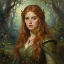 a medium shot of high detail fantasy portrait oil painting illustration of a female druid, by krenz cushart, face and body, flowing hair, forest a scenic background, rpg, half body visible, scenic, detailed, amazing