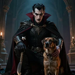 vampire and his dog, hyper realism, cinematic shot, dramatic ambient lighting, epic composition, fine details, unreal engine, 8 k, concept art, digital art, deviantart artstation, ray tracing, intricate complexity, extremely detailed, very sharp,