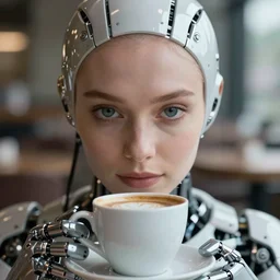 ultra detailed portrait of a futuristic cybernetic cyborg with a cup of coffee, by tom bagshaw and anna dittman, perfect eyes and face, 3 5 mm lens, biomechanical robot, cybernetic hands, deep depth of field, artstation, 8 k