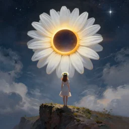 huge white daisy flower worn as a crown, girl standing on cliff, surreal photography, solar eclipse, stars, dramatic light, impressionist painting, clouds, digital painting, artstation, james gilleard, liam wong, jeremy mann, simon stalenhag