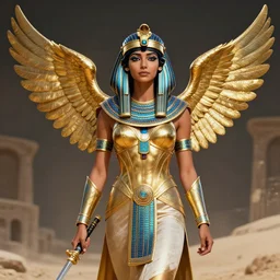 female warrior with gold and blue Egyptian armour with golden wings