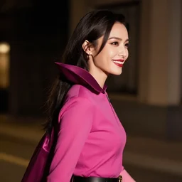 head and shoulder shot of a female vampire walking home at night, hard lighting, professional studio, smile, vibrant colors, fashion, sideview