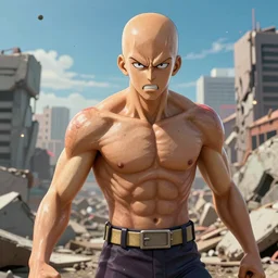 Realistic miniature portait of One punch man Saitama raging, angry 😡, ruined city in the background, studio shot, cinematic perspective, full hd, Vibrant colors, 8k