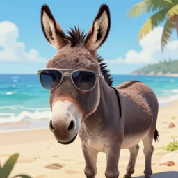 A donkey wearing cool sunglasses at the beach, digital art, by avid Villegas