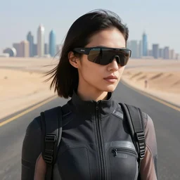 photograph of a techwear woman, closeup, on a desert road with a futuristic city in the horizon, sigma 85mm f/1.4, 4k, depth of field, high resolution, 4k, 8k, hd, full color
