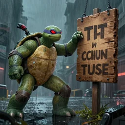 a cyberpunk turtle punch a wooden sign on a rainy day high quality digital art from artstation